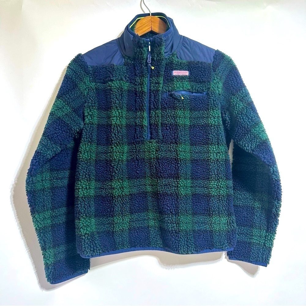 Vineyard Vines Blue/Green Blackwatch Plaid Sherpa Shep Half Zip Sweatshirt